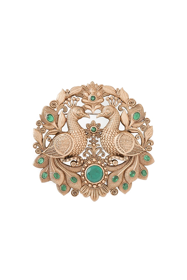 Oxidised Antique Gold Emerald Stone Peacock Splendor Brooch by Cosa Nostraa at Pernia's Pop Up Shop
