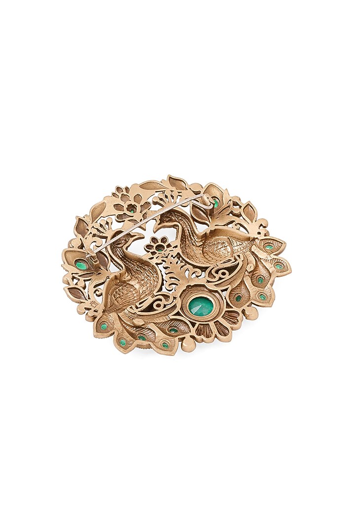 Oxidised Antique Gold Emerald Stone Peacock Splendor Brooch by Cosa Nostraa at Pernia's Pop Up Shop