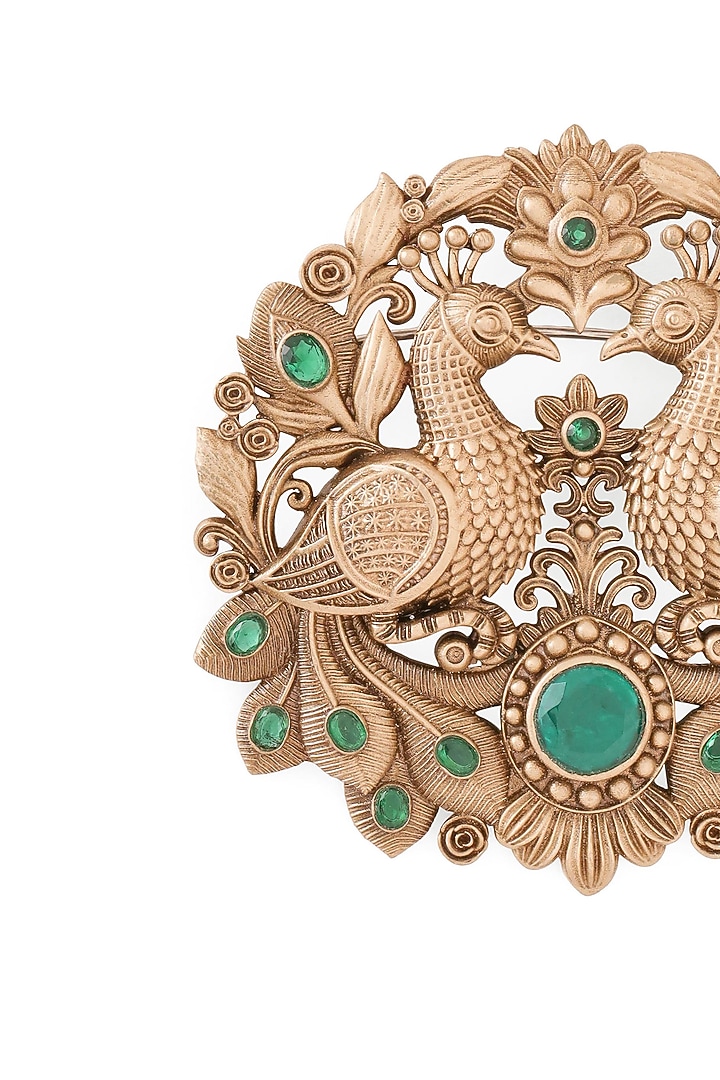 Oxidised Antique Gold Emerald Stone Peacock Splendor Brooch by Cosa Nostraa at Pernia's Pop Up Shop