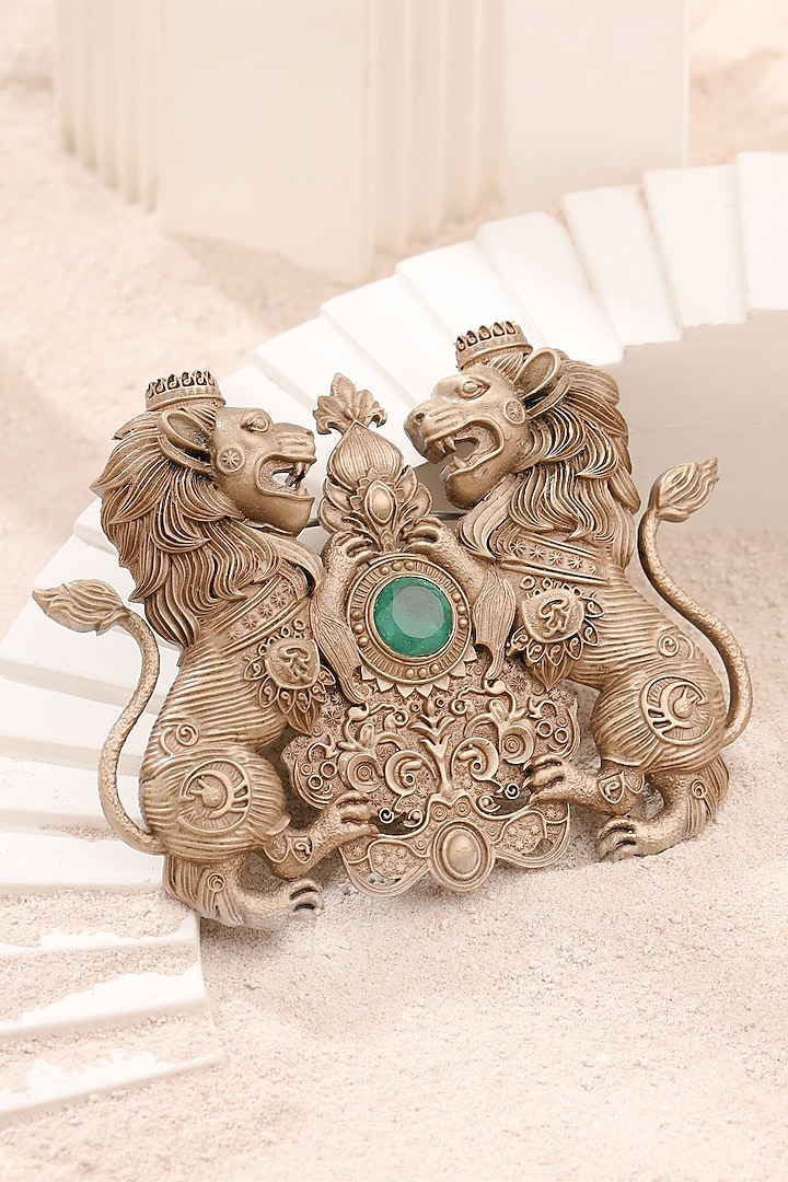 Oxidised Antique Gold Twin Lions Emblem Brooch by Cosa Nostraa