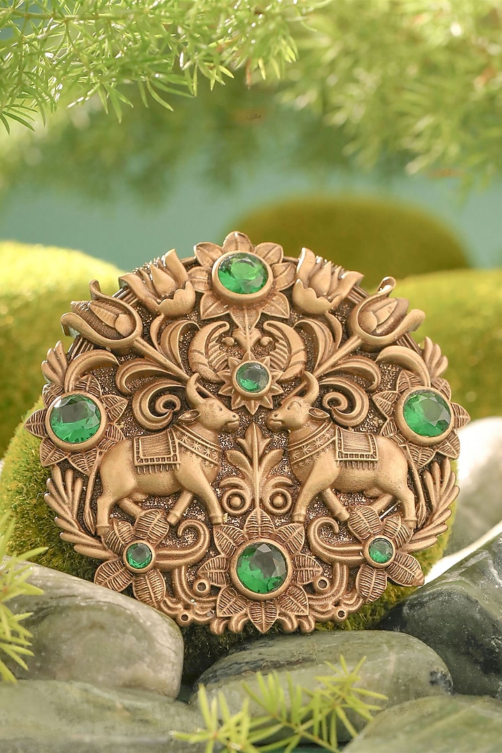 Oxidised Antique Gold Emerald Stone Royal Serenade Brooch by Cosa Nostraa