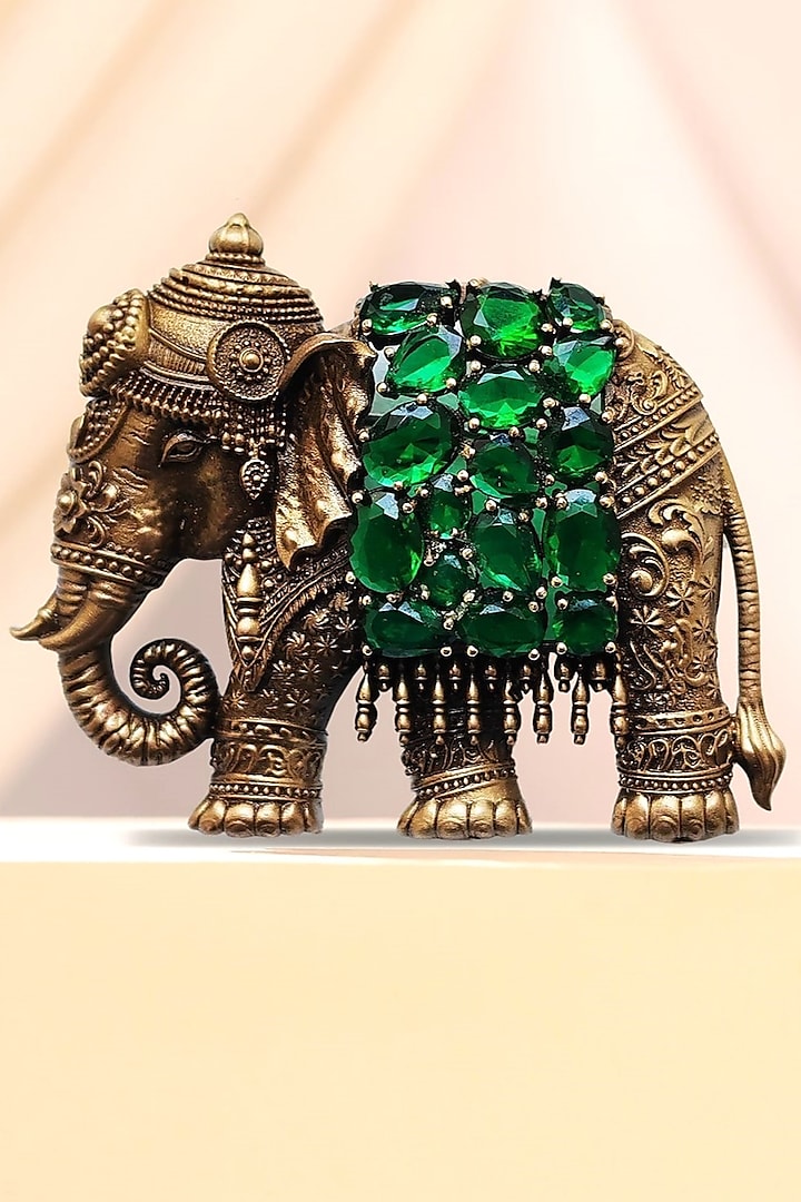 Oxidised Antique Gold Emerald Green Stone Elephant Heritage Brooch by Cosa Nostraa