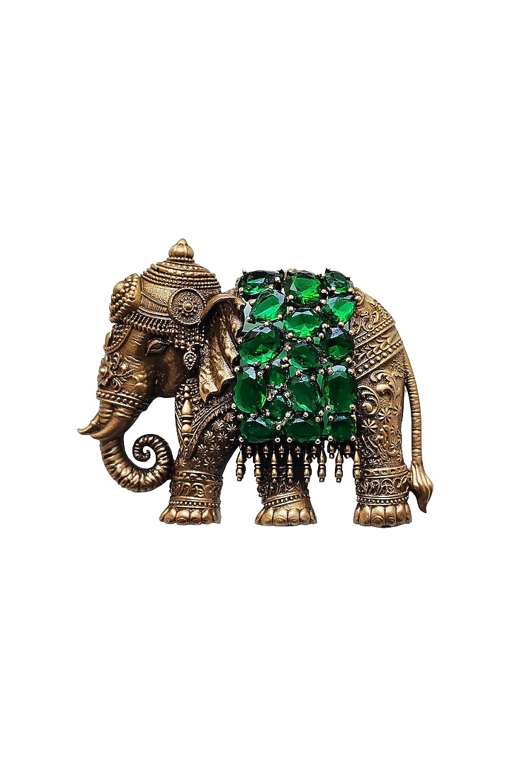 Oxidised Antique Gold Emerald Green Stone Elephant Heritage Brooch by Cosa Nostraa at Pernia's Pop Up Shop