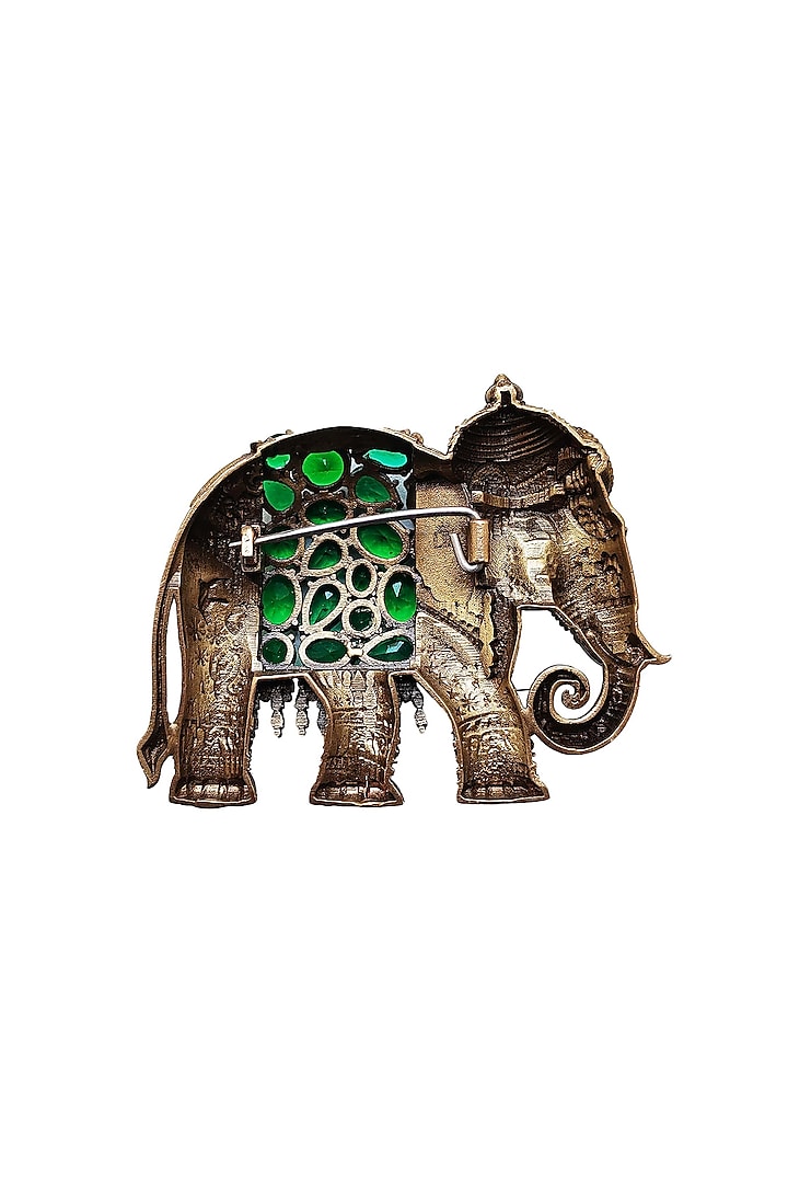 Oxidised Antique Gold Emerald Green Stone Elephant Heritage Brooch by Cosa Nostraa at Pernia's Pop Up Shop