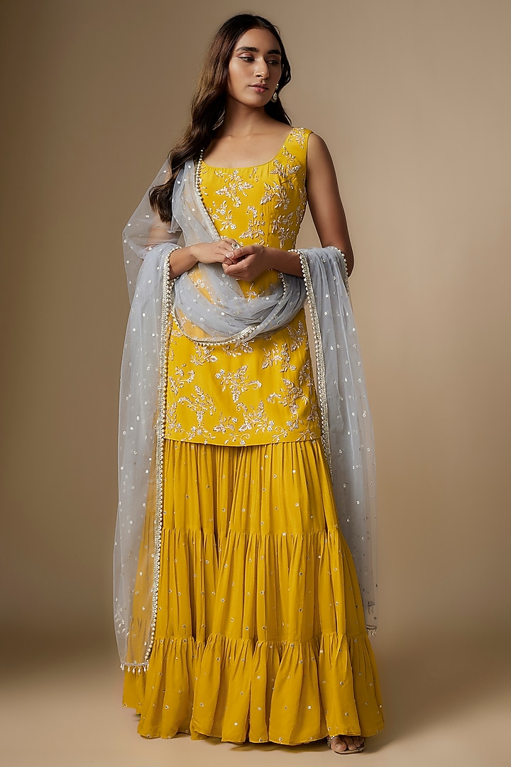 Yellow Crepe Flared Sharara Set by Chamee and Palak