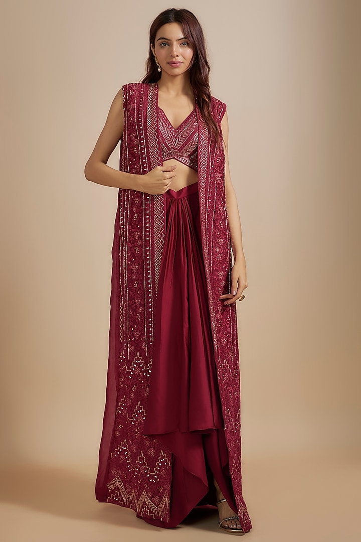Maroon Satin & Raw Silk Geometric Embroidered Jacket Set by Chamee and Palak