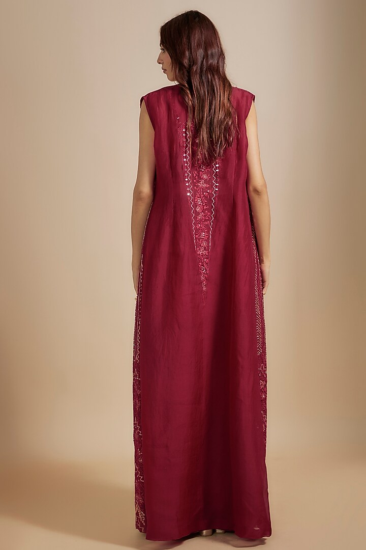 Maroon Satin & Raw Silk Geometric Embroidered Jacket Set by Chamee and Palak at Pernia's Pop Up Shop