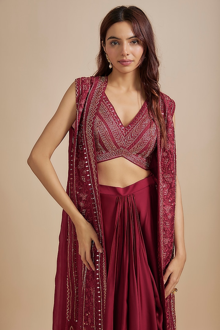Maroon Satin & Raw Silk Geometric Embroidered Jacket Set by Chamee and Palak at Pernia's Pop Up Shop