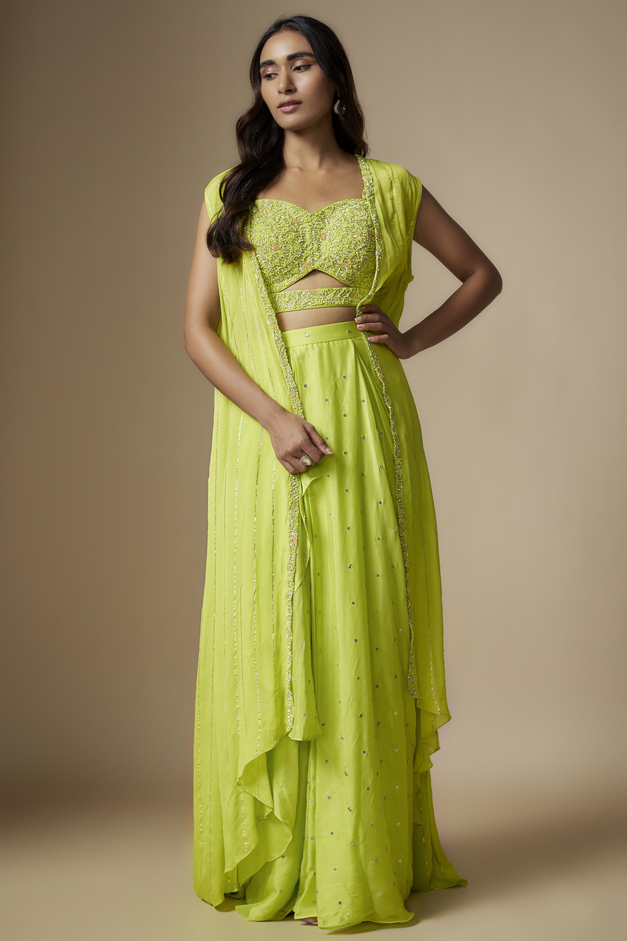 Green Georgette Draped Skirt Set by Chamee and Palak at Pernia's Pop Up Shop