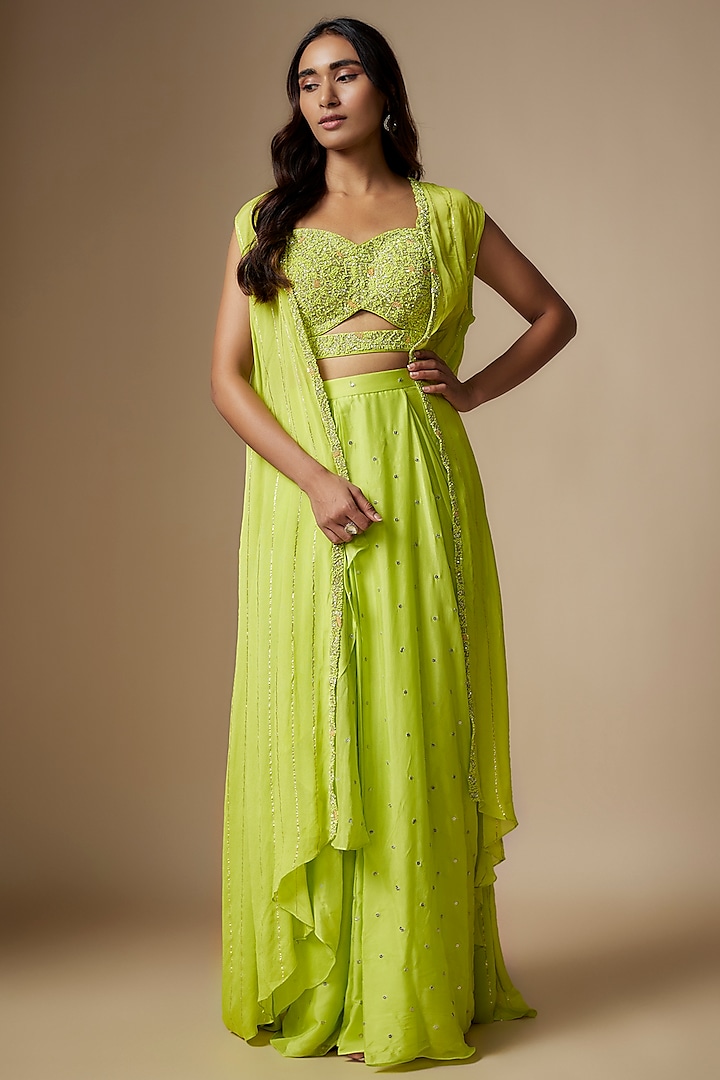 Green Georgette Draped Skirt Set by Chamee and Palak at Pernia's Pop Up Shop