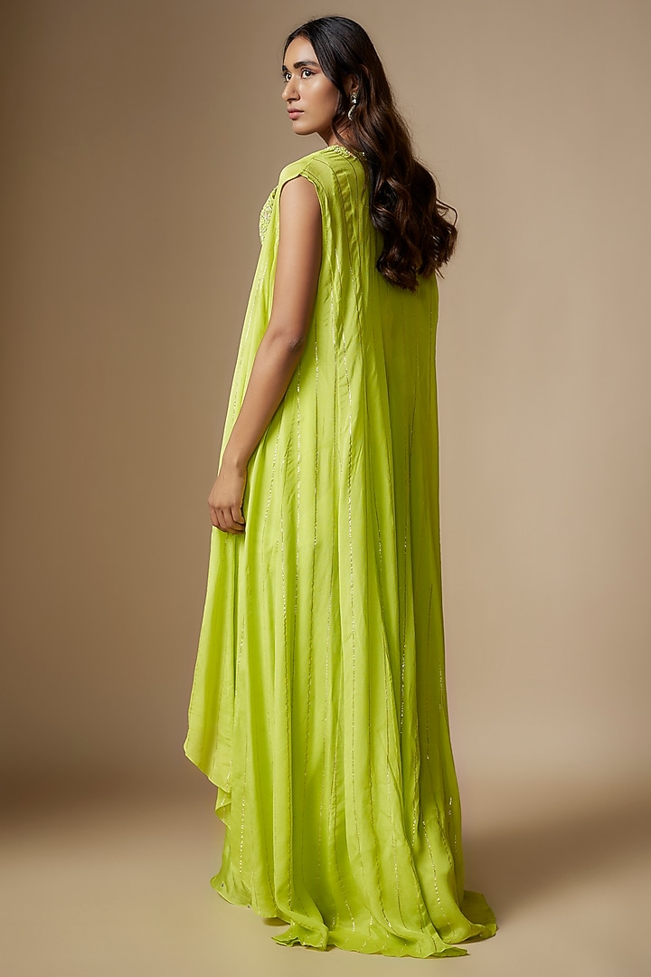 Green Georgette Draped Skirt Set by Chamee and Palak at Pernia's Pop Up Shop