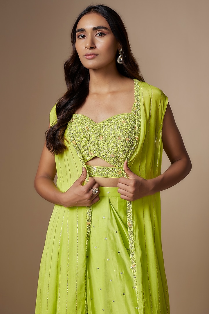 Green Georgette Draped Skirt Set by Chamee and Palak at Pernia's Pop Up Shop