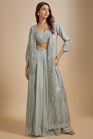 Grey Organza Mirror & Applique Work Jacket Set by Chamee and Palak