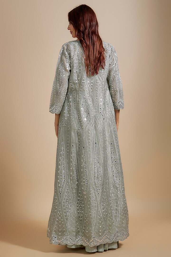 Grey Organza Mirror & Applique Work Jacket Set by Chamee and Palak at Pernia's Pop Up Shop
