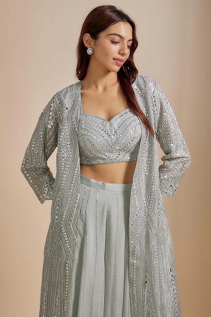 Grey Organza Mirror & Applique Work Jacket Set by Chamee and Palak at Pernia's Pop Up Shop