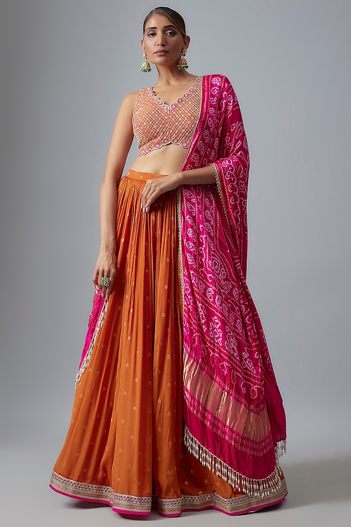 Rust Jamawar Zardosi Embroidered Flared Wedding Lehenga Set by Chamee and Palak at Pernia's Pop Up Shop