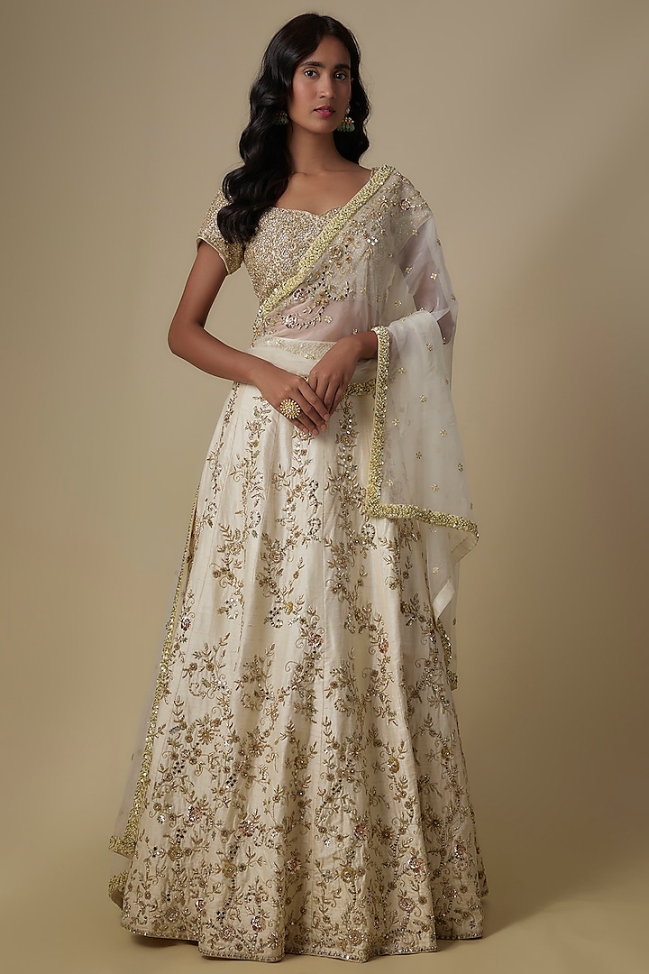 Ivory Raw Silk Floral Embroidered Bridal Lehenga Set by Chamee and Palak at Pernia's Pop Up Shop