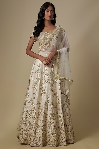 Ivory Raw Silk Floral Embroidered Lehenga Set by Chamee and Palak