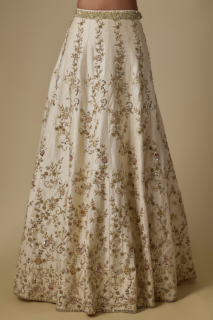 Ivory Raw Silk Floral Embroidered Bridal Lehenga Set by Chamee and Palak at Pernia's Pop Up Shop