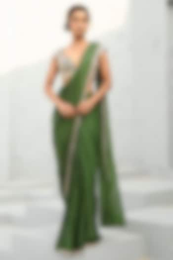 Basil Green Georgette Sequins Embellished Pre-Stitched Saree Set by Chamee and Palak at Pernia's Pop Up Shop