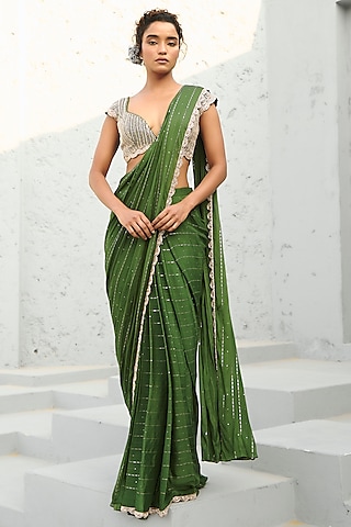 Basil Green Georgette Sequins Embellished Pre-Stitched Saree Set by Chamee and Palak