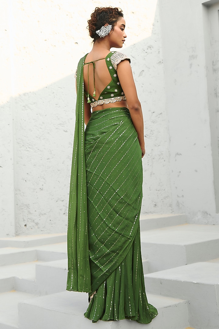 Basil Green Georgette Sequins Embellished Pre-Stitched Wedding Saree Set by Chamee and Palak at Pernia's Pop Up Shop