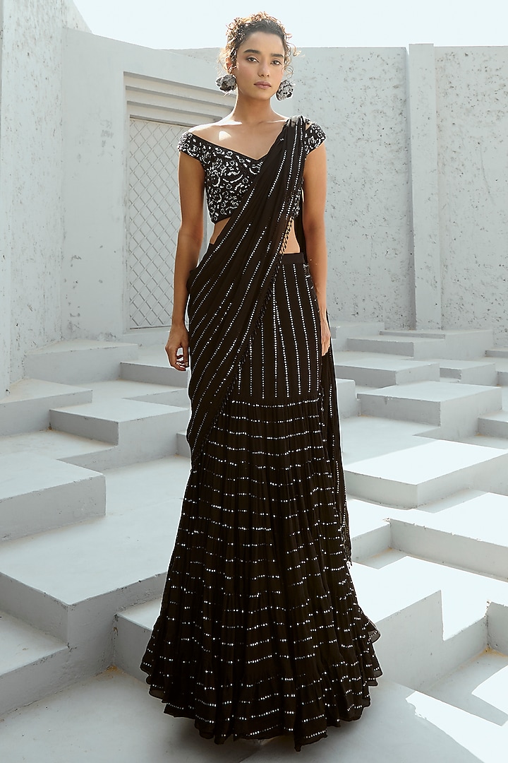 Black Georgette Sequins Embroidered Pre-Stitched Frilled Saree Set by Chamee and Palak at Pernia's Pop Up Shop