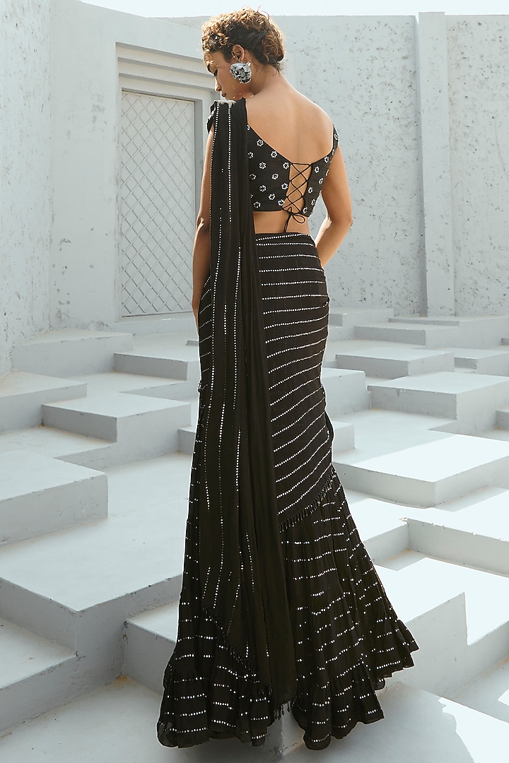 Black Georgette Sequins Embroidered Pre-Stitched Frilled Wedding Saree Set by Chamee and Palak at Pernia's Pop Up Shop