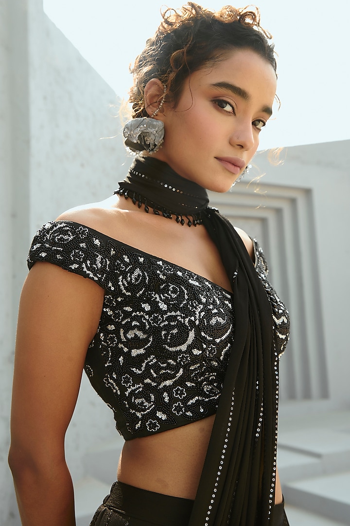 Black Georgette Sequins Embroidered Pre-Stitched Frilled Wedding Saree Set by Chamee and Palak at Pernia's Pop Up Shop