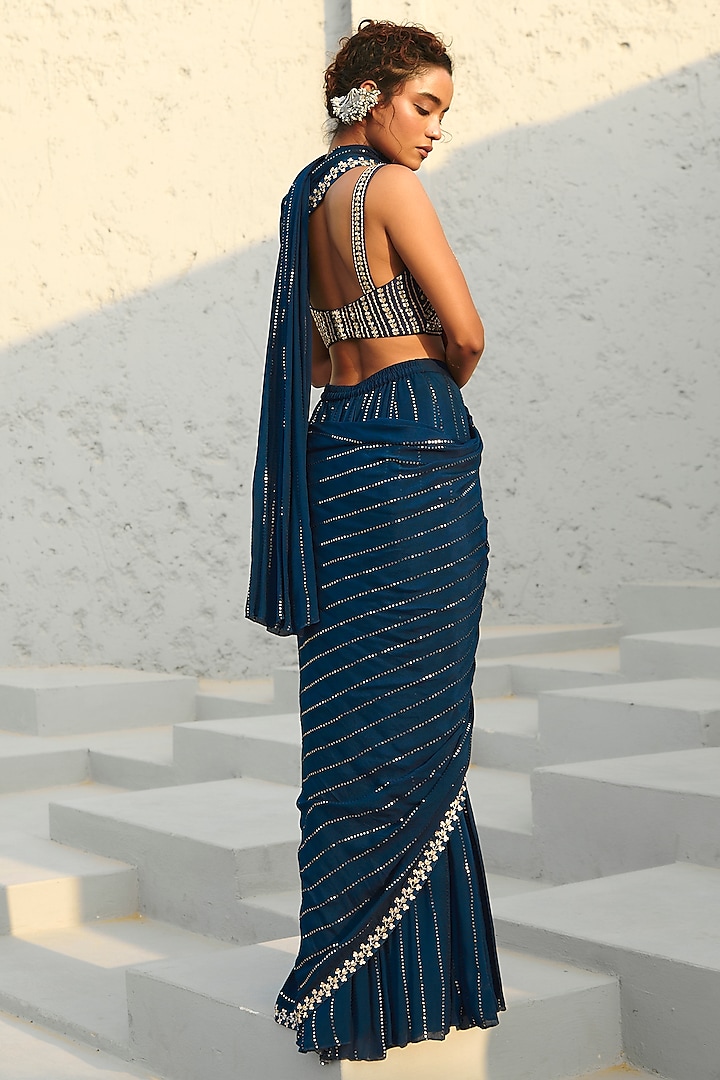 Blue Georgette & Raw Silk Sequins Embroidered Gusset Pre-Stitched Wedding Saree Set by Chamee and Palak at Pernia's Pop Up Shop
