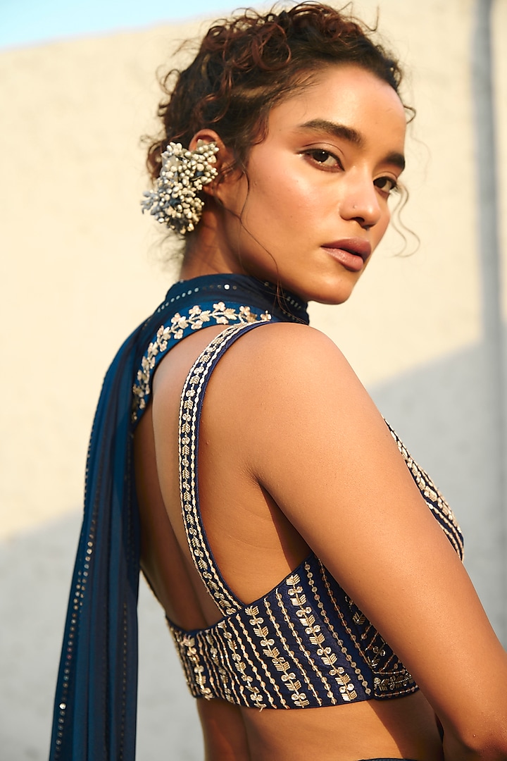 Blue Georgette & Raw Silk Sequins Embroidered Gusset Pre-Stitched Wedding Saree Set by Chamee and Palak at Pernia's Pop Up Shop