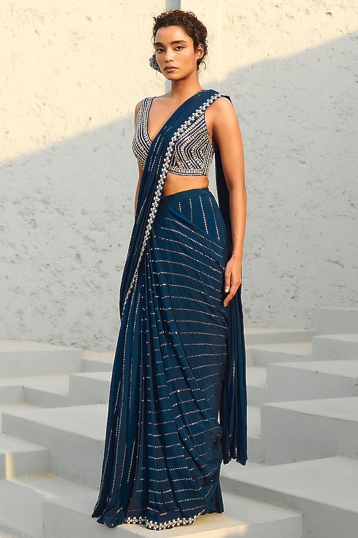 Blue Georgette & Raw Silk Sequins Embroidered Gusset Pre-Stitched Wedding Saree Set by Chamee and Palak at Pernia's Pop Up Shop