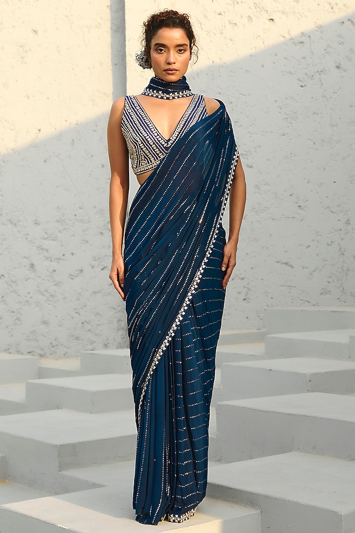 Blue Georgette & Raw Silk Sequins Embroidered Gusset Pre-Stitched Wedding Saree Set by Chamee and Palak at Pernia's Pop Up Shop