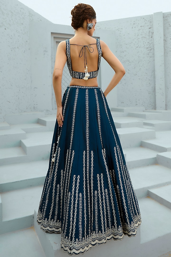 Blue Dupion Silk & Net Zari Embellished Wedding Lehenga Set by Chamee and Palak at Pernia's Pop Up Shop