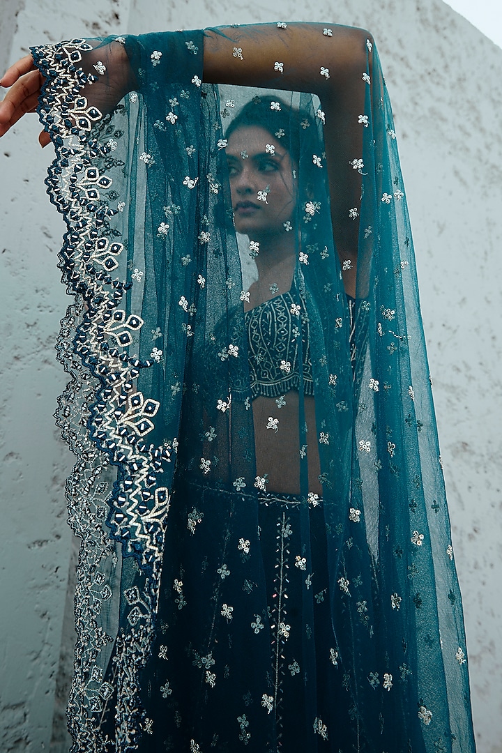 Blue Dupion Silk & Net Zari Embellished Wedding Lehenga Set by Chamee and Palak at Pernia's Pop Up Shop