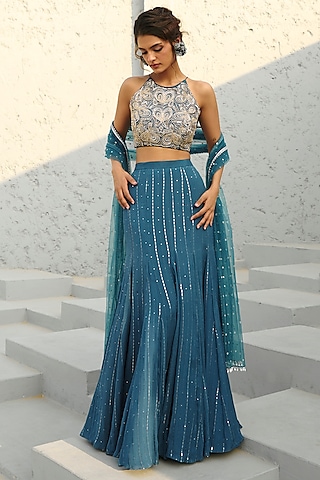 Blue Georgette & Raw Silk Sequins Embroidered Gusset Lehenga Set by Chamee and Palak
