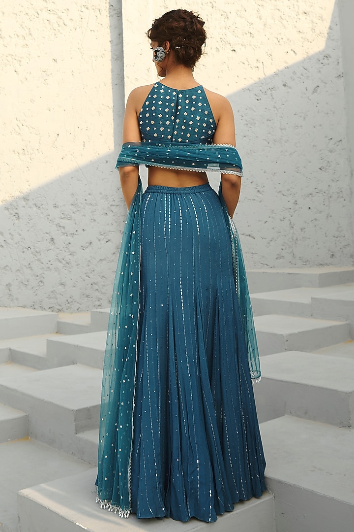 Blue Georgette & Raw Silk Sequins Embroidered Gusset Wedding Lehenga Set by Chamee and Palak at Pernia's Pop Up Shop