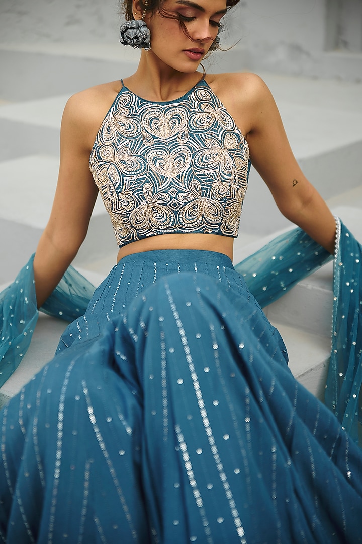Blue Georgette & Raw Silk Sequins Embroidered Gusset Wedding Lehenga Set by Chamee and Palak at Pernia's Pop Up Shop