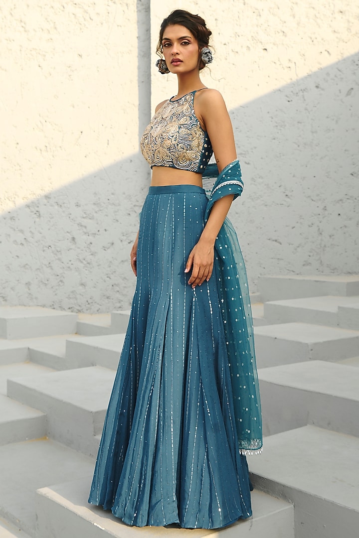 Blue Georgette & Raw Silk Sequins Embroidered Gusset Wedding Lehenga Set by Chamee and Palak at Pernia's Pop Up Shop