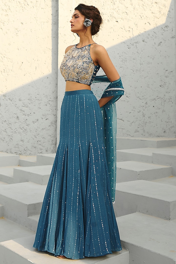 Blue Georgette & Raw Silk Sequins Embroidered Gusset Wedding Lehenga Set by Chamee and Palak at Pernia's Pop Up Shop
