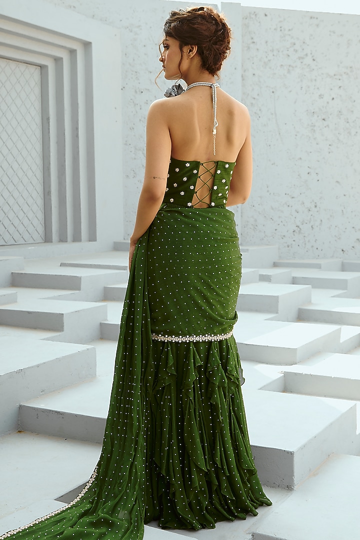 Basil Green Georgette Glass Bead Embellished Pre-Stitched Wedding Saree Set by Chamee and Palak at Pernia's Pop Up Shop