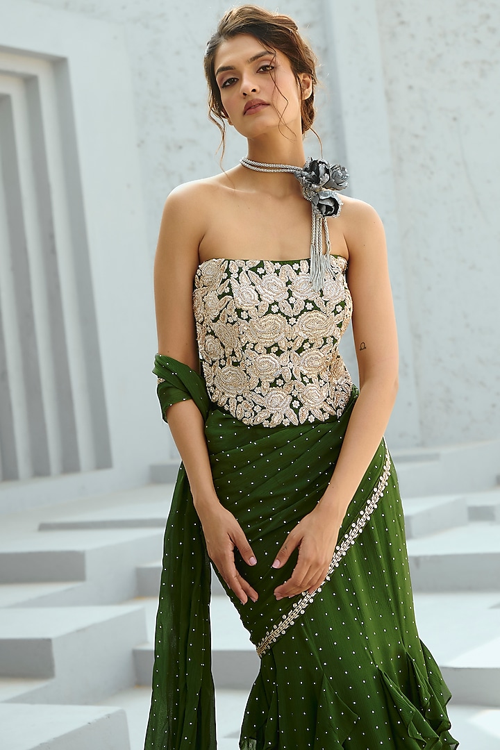 Basil Green Georgette Glass Bead Embellished Pre-Stitched Wedding Saree Set by Chamee and Palak at Pernia's Pop Up Shop