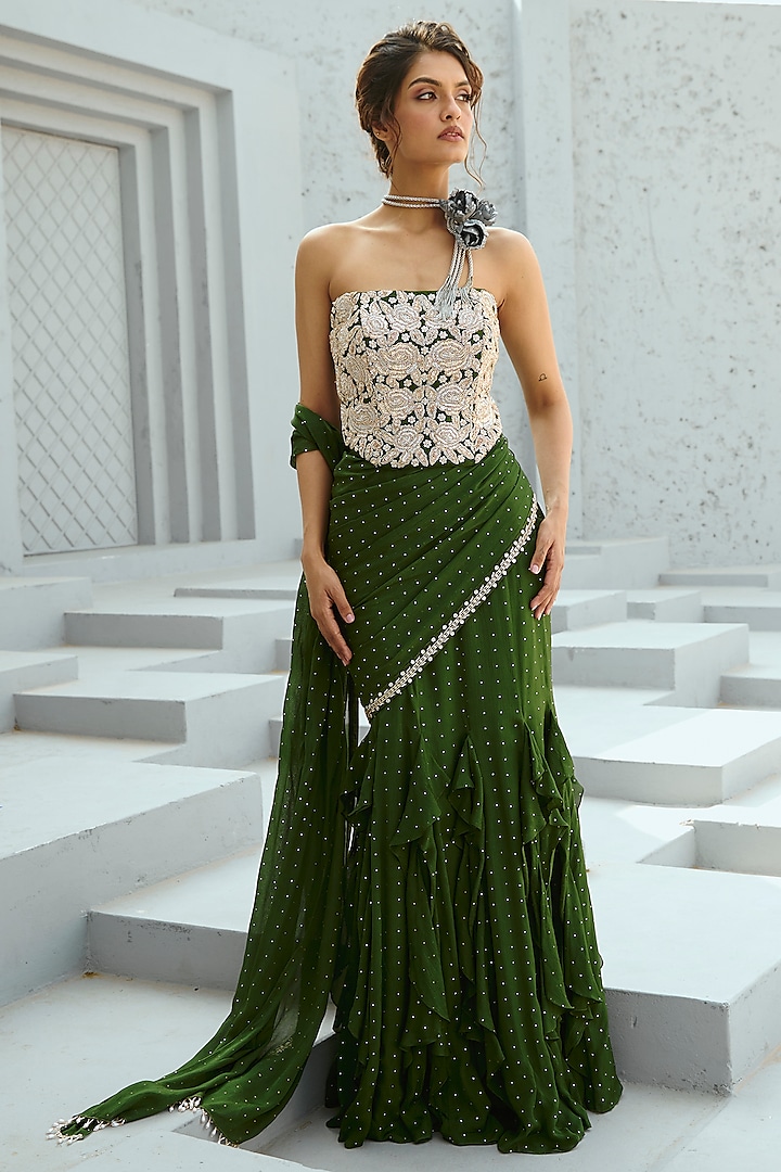 Basil Green Georgette Glass Bead Embellished Pre-Stitched Wedding Saree Set by Chamee and Palak at Pernia's Pop Up Shop