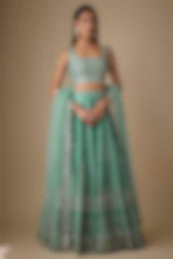Green Silk Mirror & Zari Embellished Wedding Lehenga Set by Chamee and Palak at Pernia's Pop Up Shop