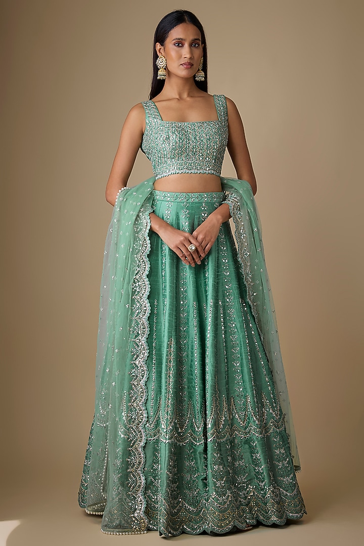 Green Silk Mirror & Zari Embellished Wedding Lehenga Set by Chamee and Palak at Pernia's Pop Up Shop