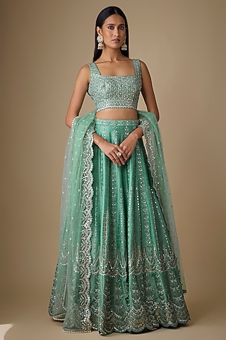 Green Silk Mirror & Zari Embellished Lehenga Set by Chamee and Palak