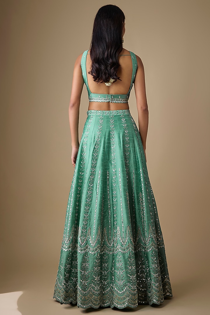 Green Silk Mirror & Zari Embellished Wedding Lehenga Set by Chamee and Palak at Pernia's Pop Up Shop