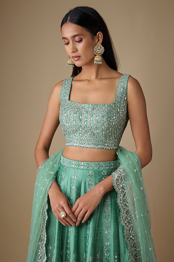Green Silk Mirror & Zari Embellished Wedding Lehenga Set by Chamee and Palak at Pernia's Pop Up Shop