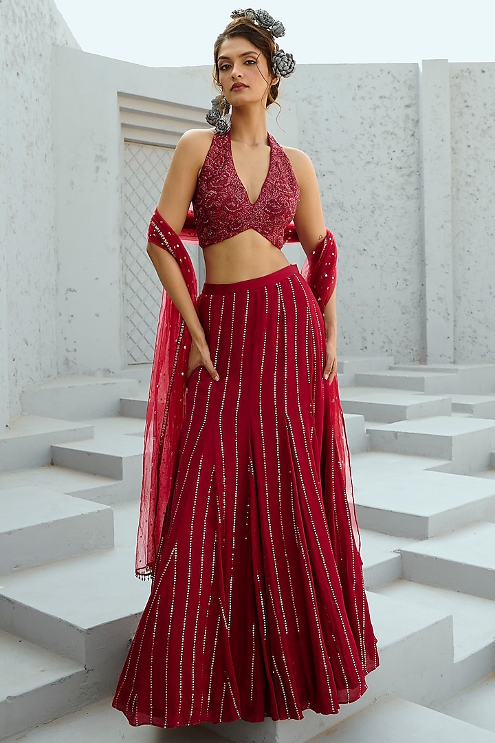 Deep Red Georgette Glass Beads Embellished Skirt Set by Chamee and Palak at Pernia's Pop Up Shop