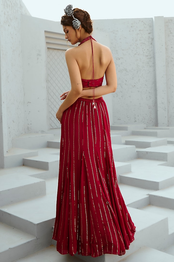 Deep Red Georgette Glass Beads Embellished Skirt Set by Chamee and Palak at Pernia's Pop Up Shop